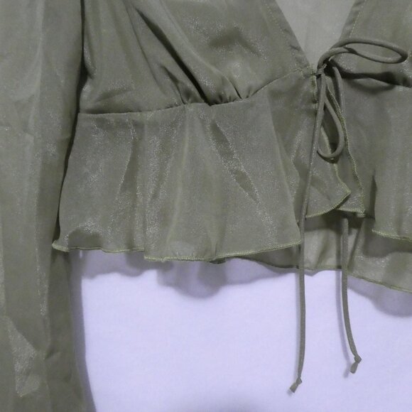 SHEIN | medium | Elegant Green V-Neck Sheer Blouse With Tie / Lace-Up Detail - Picture 7 of 15
